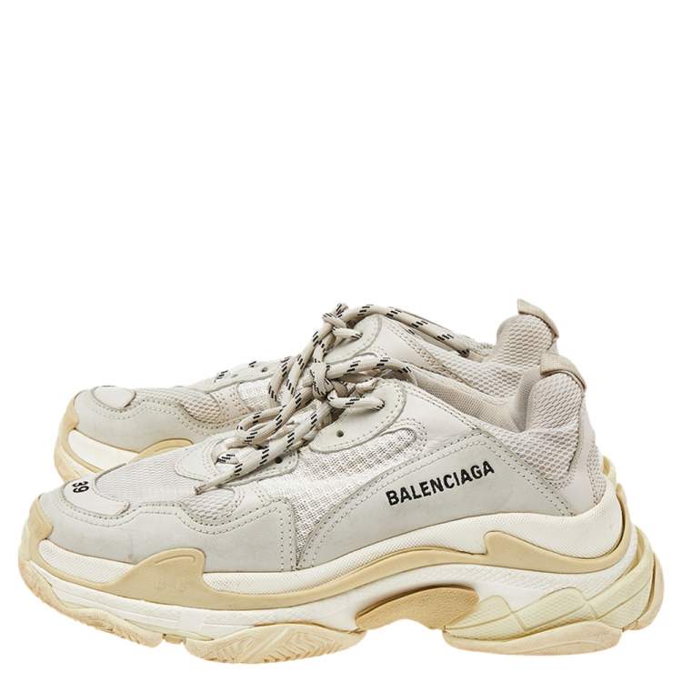 Pre Owned Balenciaga Grey/Beige Leather and Mesh Triple S Sneakers Size 39