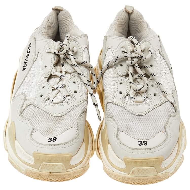 Pre Owned Balenciaga Grey/Beige Leather and Mesh Triple S Sneakers Size 39