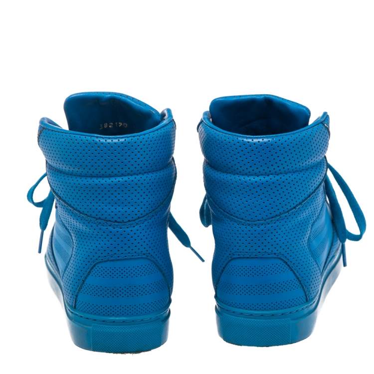 Pre Owned Balenciaga Blue Perforated Leather High Top Sneakers Size 38