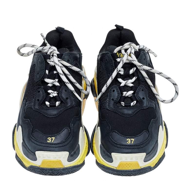 Pre Owned Balenciaga Black /Yellow Leather And Mesh Triple S Clear Sneakers Size 37