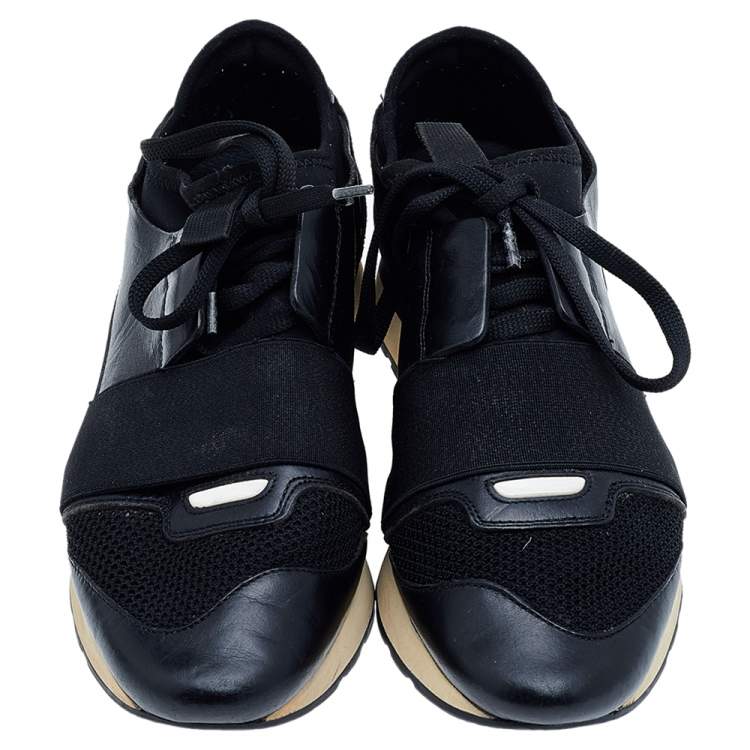 Pre Owned Balenciaga Black Leather And Mesh Race Runner Sneakers Size 39