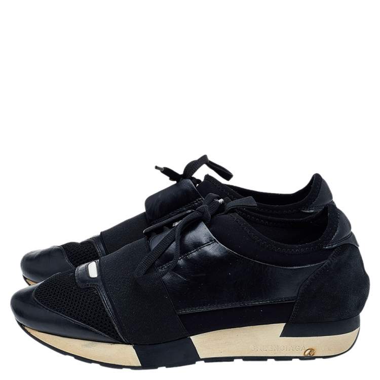 Pre Owned Balenciaga Black Leather And Mesh Race Runner Sneakers Size 39