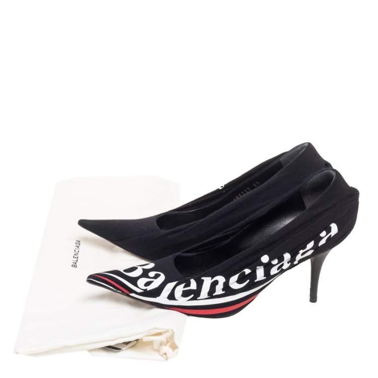 Pre Owned Balenciaga Black Pleated Fabric and Leather Logo Knife Pumps Size 37