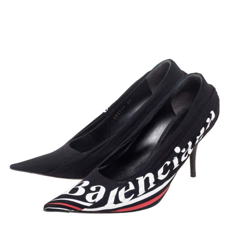 Pre Owned Balenciaga Black Pleated Fabric and Leather Logo Knife Pumps Size 37