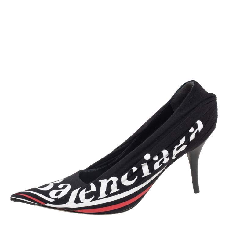 Pre Owned Balenciaga Black Pleated Fabric and Leather Logo Knife Pumps Size 37