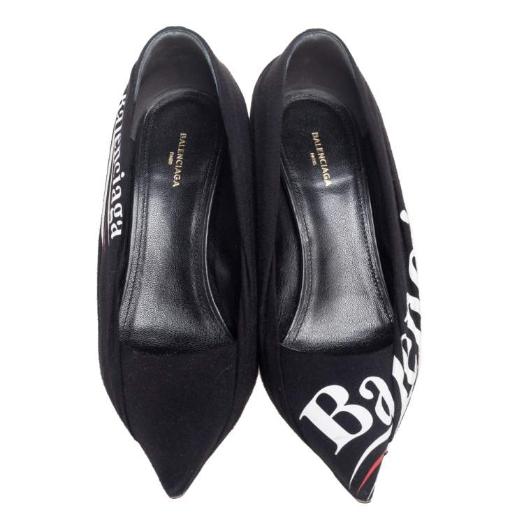 Pre Owned Balenciaga Black Pleated Fabric and Leather Logo Knife Pumps Size 37