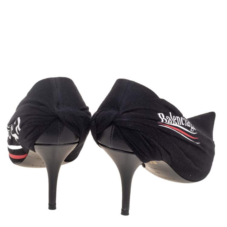 Pre Owned Balenciaga Black Pleated Fabric and Leather Logo Knife Pumps Size 37
