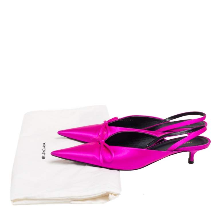 Pre Owned Balenciaga Pink Satin Logo Knife Mules Sandals  Size 37