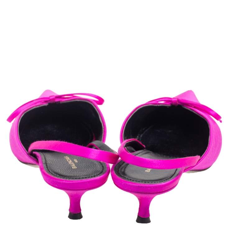 Pre Owned Balenciaga Pink Satin Logo Knife Mules Sandals  Size 37