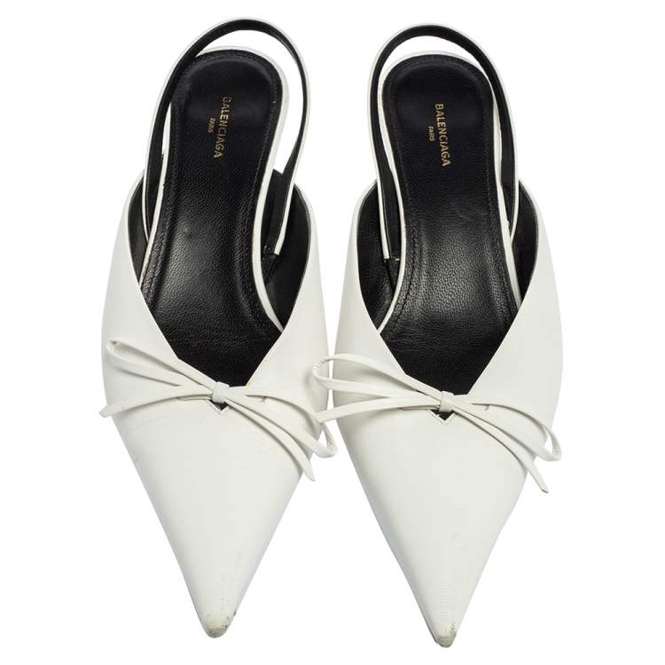 Pre Owned Balenciaga White Leather Knife Bow Slingback Mules Size 37.5