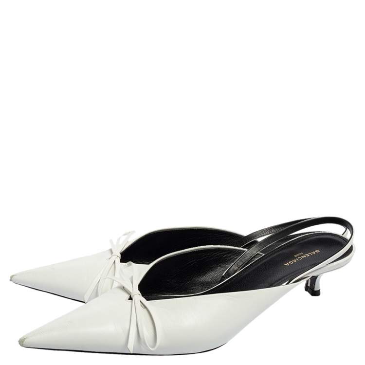Pre Owned Balenciaga White Leather Knife Bow Slingback Mules Size 37.5