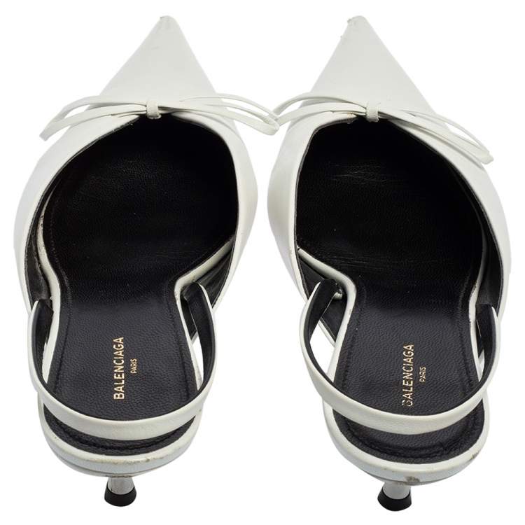 Pre Owned Balenciaga White Leather Knife Bow Slingback Mules Size 37.5