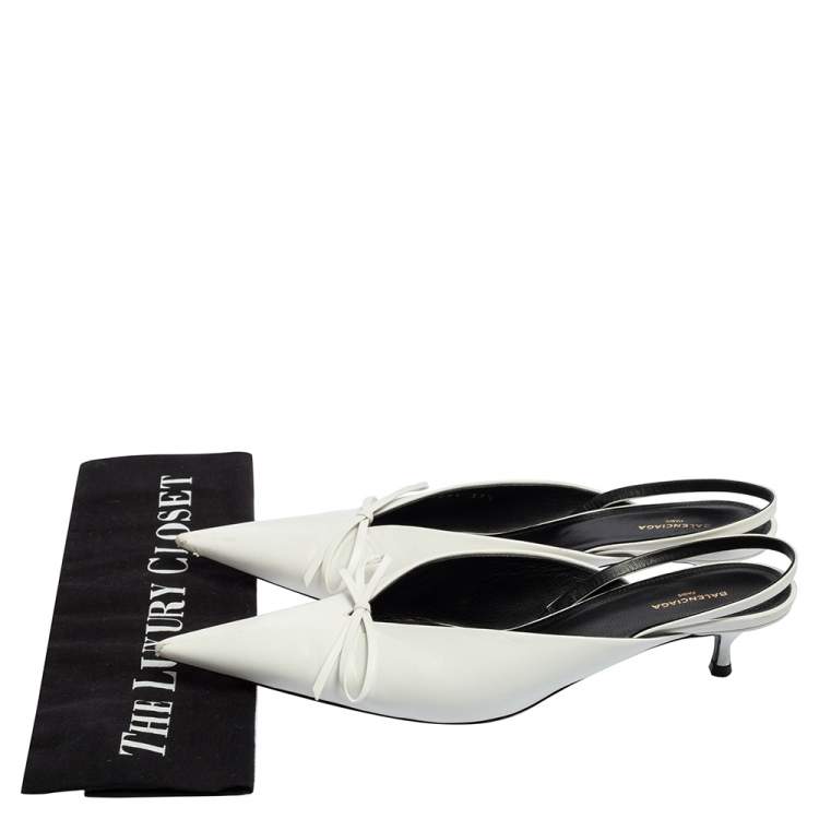 Pre Owned Balenciaga White Leather Knife Bow Slingback Mules Size 37.5