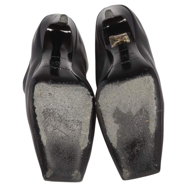 Pre Owned Balenciaga Black Leather Quadro Square Toe Foldable Heel Mules Size 37