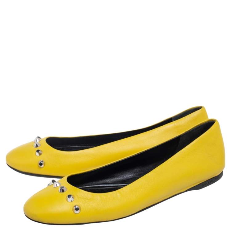 Pre Owned Balenciaga Yellow Leather Studded Ballet Flats Size 38
