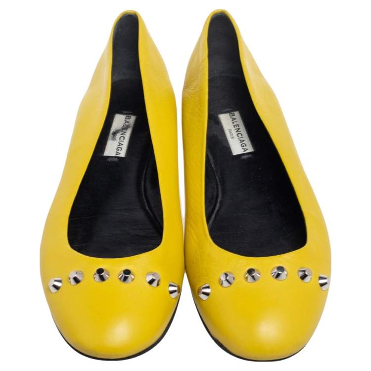 Pre Owned Balenciaga Yellow Leather Studded Ballet Flats Size 38