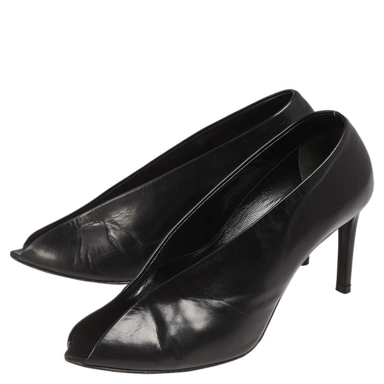 Pre Owned Balenciaga Black Leather V-Neck Open Toe Pumps Size 37