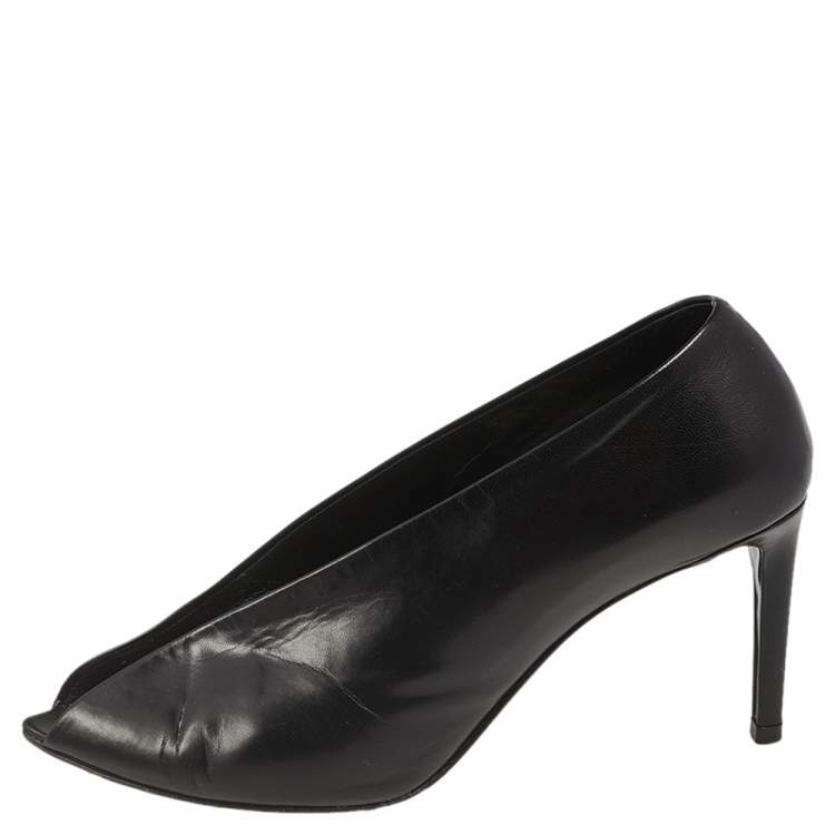 Pre Owned Balenciaga Black Leather V-Neck Open Toe Pumps Size 37