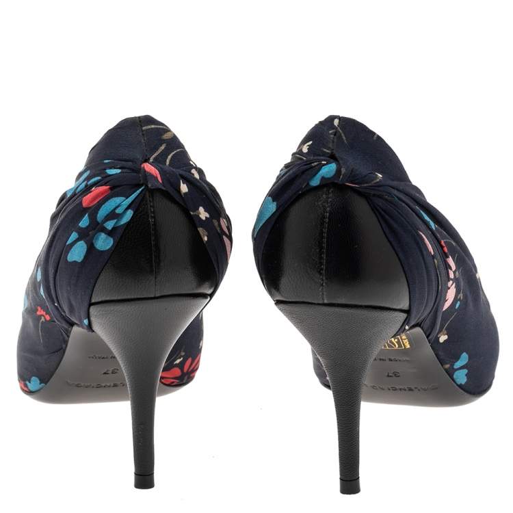 Pre Owned Balenciaga Navy Blue Fabric Flower Print  Pointed Toe Pumps Size 37