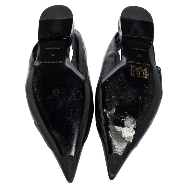 Pre Owned Balenciaga Black Leather Knife Pointed Toe Slingback Flats Size 37