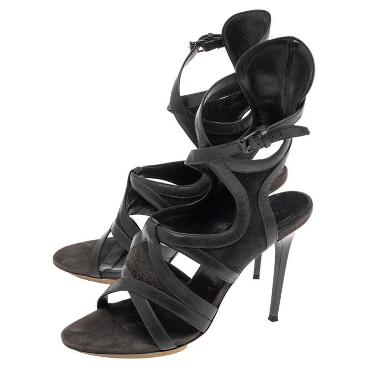 Pre Owned Balenciaga Grey Suede And Leather Cutout Ankle Wrap Sandals Size 40.5