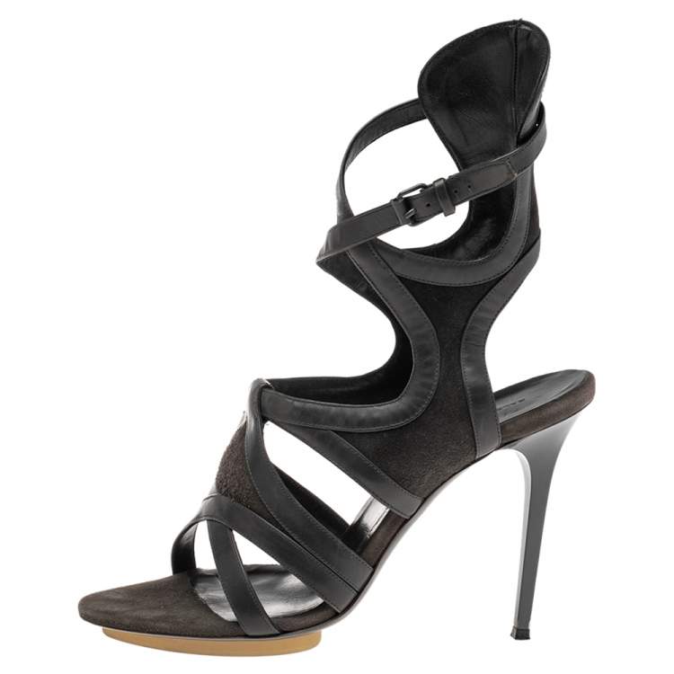 Pre Owned Balenciaga Grey Suede And Leather Cutout Ankle Wrap Sandals Size 40.5