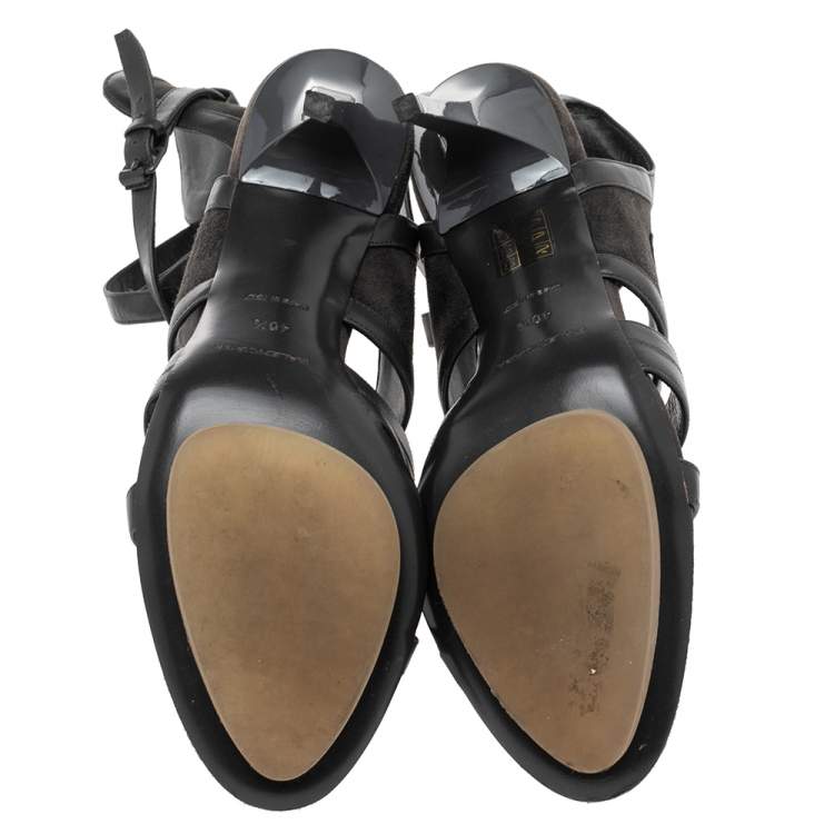 Pre Owned Balenciaga Grey Suede And Leather Cutout Ankle Wrap Sandals Size 40.5
