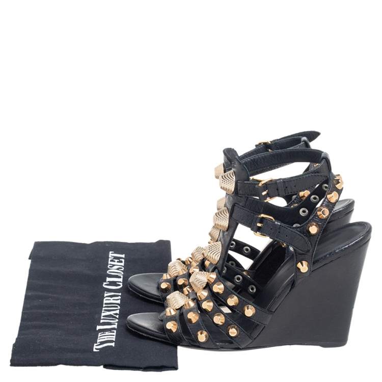 Pre Owned Balenciaga Black Leather Arena Studded Gladiator Wedge Sandals Size 38