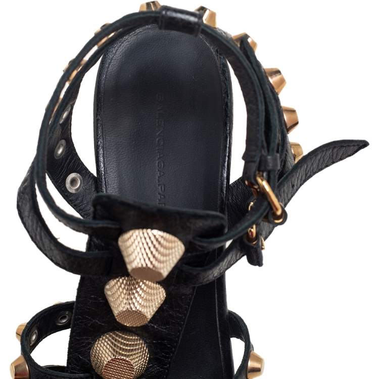 Pre Owned Balenciaga Black Leather Arena Studded Gladiator Wedge Sandals Size 38