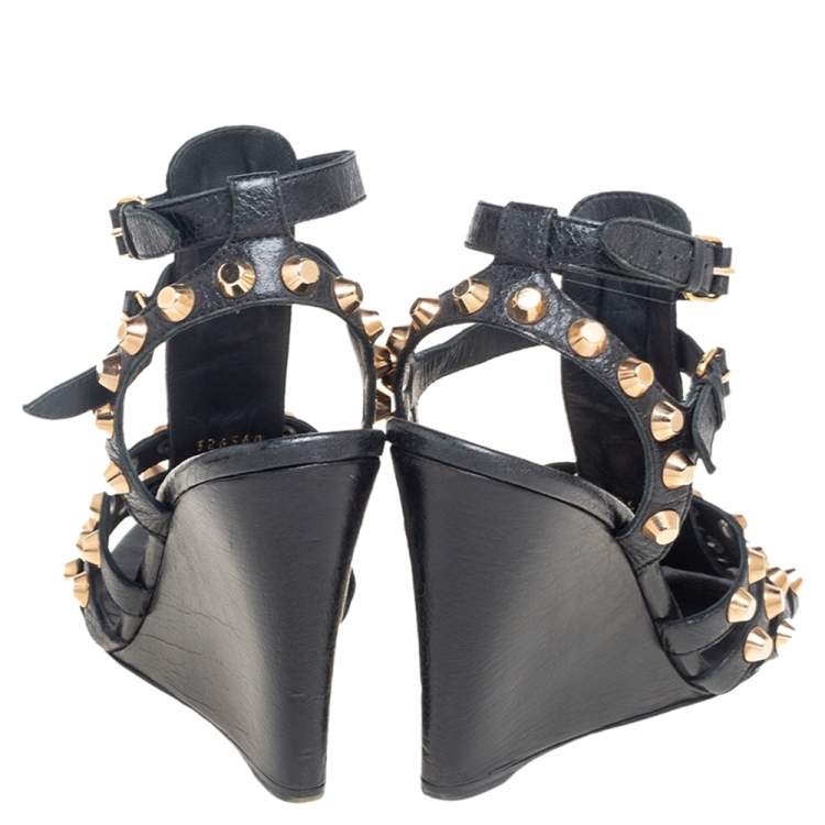 Pre Owned Balenciaga Black Leather Arena Studded Gladiator Wedge Sandals Size 38
