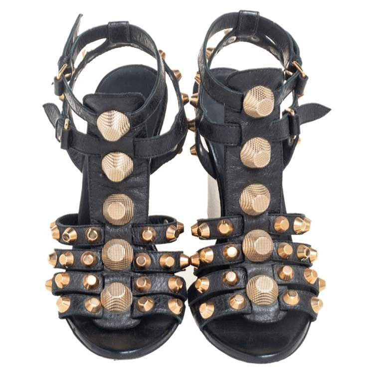 Pre Owned Balenciaga Black Leather Arena Studded Gladiator Wedge Sandals Size 38