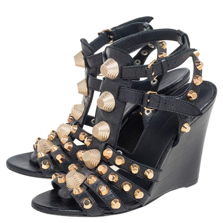 Pre Owned Balenciaga Black Leather Arena Studded Gladiator Wedge Sandals Size 38