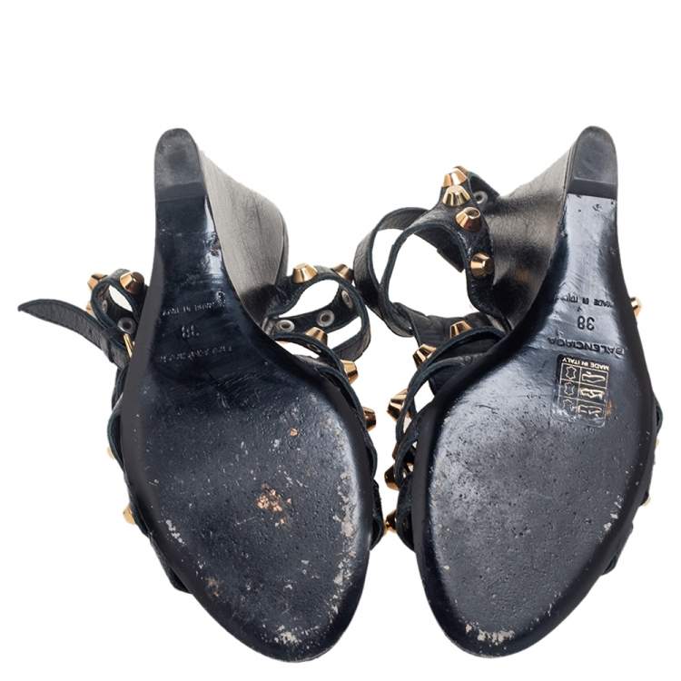 Pre Owned Balenciaga Black Leather Arena Studded Gladiator Wedge Sandals Size 38