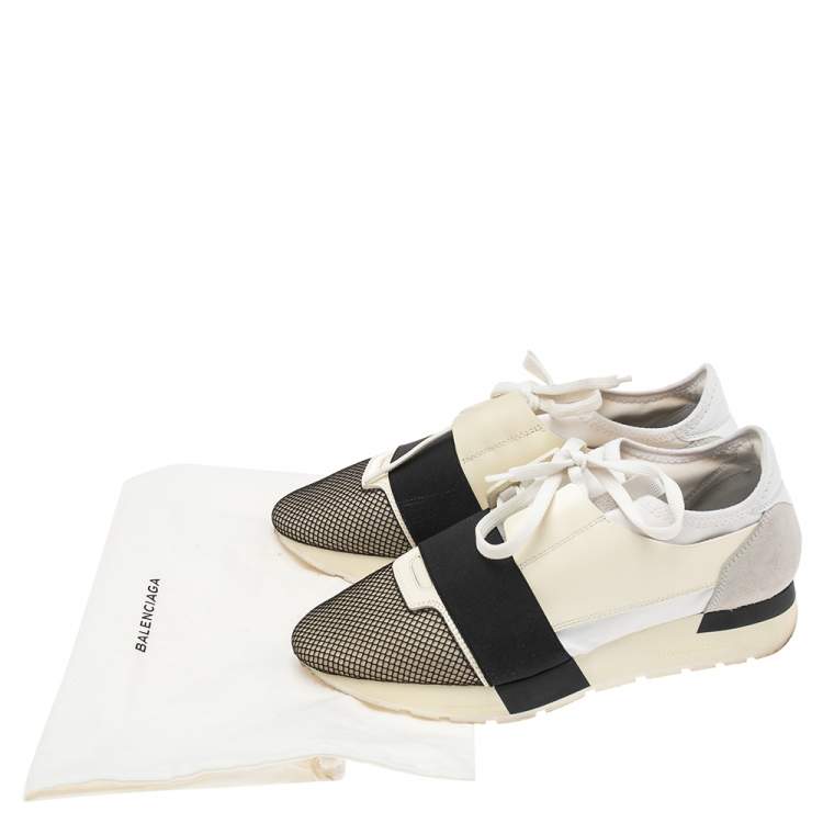 Pre Owned Balenciaga White Mesh And Leather Race Runner Low Top Sneakers Size 38