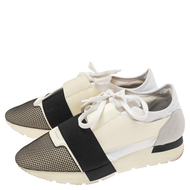 Pre Owned Balenciaga White Mesh And Leather Race Runner Low Top Sneakers Size 38