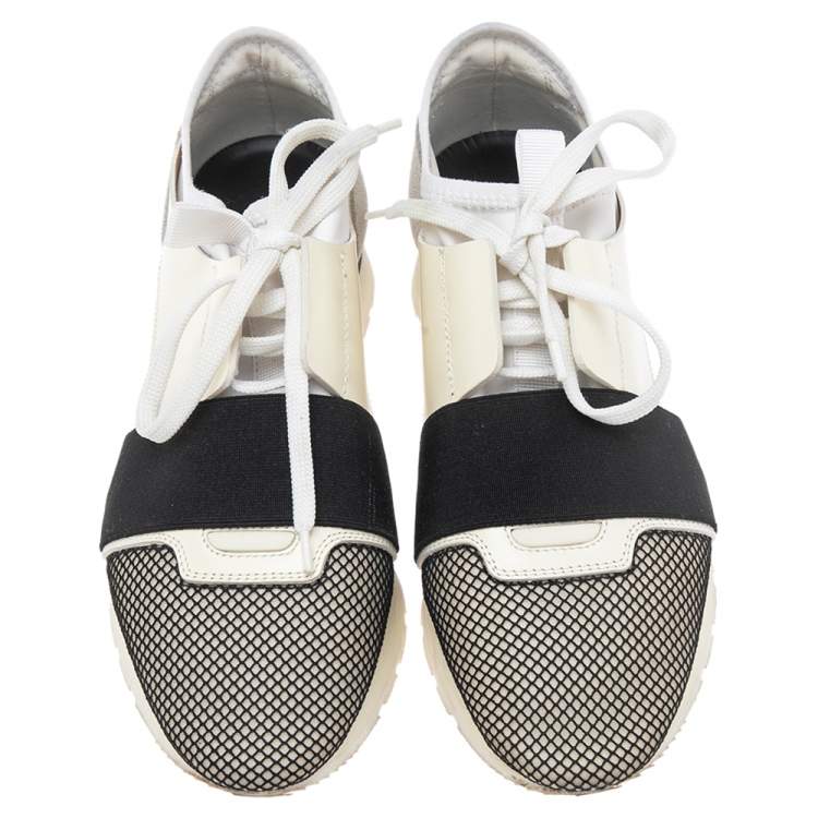 Pre Owned Balenciaga White Mesh And Leather Race Runner Low Top Sneakers Size 38
