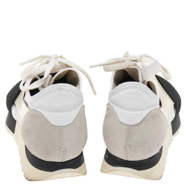 Pre Owned Balenciaga White Mesh And Leather Race Runner Low Top Sneakers Size 38