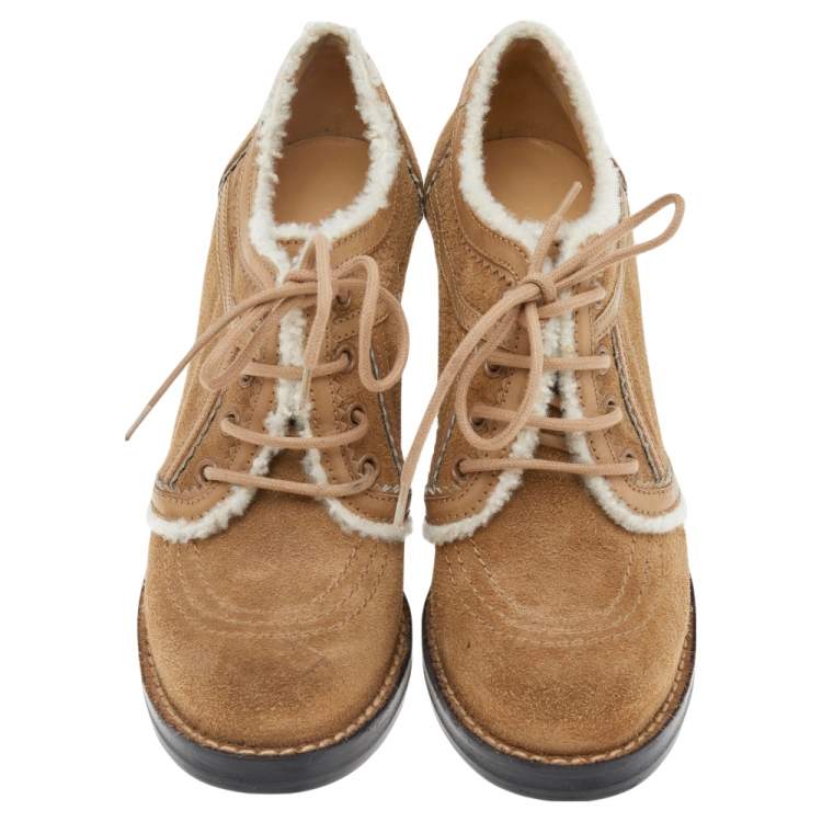 Pre Owned Balenciaga Light Brown Suede And Shearling Chunky Strip Heel Ankle Boots Size 37