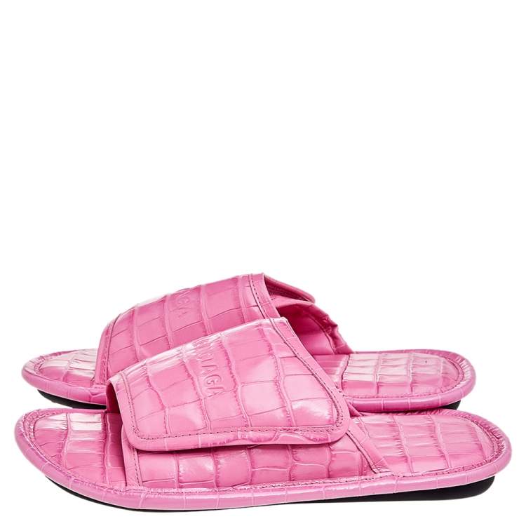 Pre Owned Balenciaga Pink Croc Embossed Leather Home Slide Sandals Size 38
