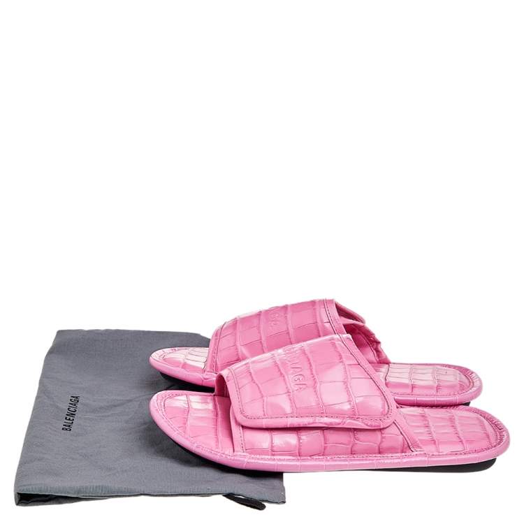Pre Owned Balenciaga Pink Croc Embossed Leather Home Slide Sandals Size 38