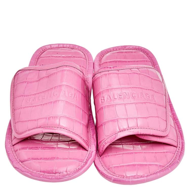 Pre Owned Balenciaga Pink Croc Embossed Leather Home Slide Sandals Size 38