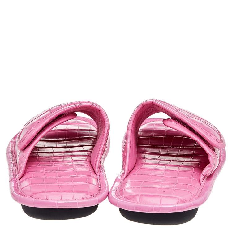 Pre Owned Balenciaga Pink Croc Embossed Leather Home Slide Sandals Size 38