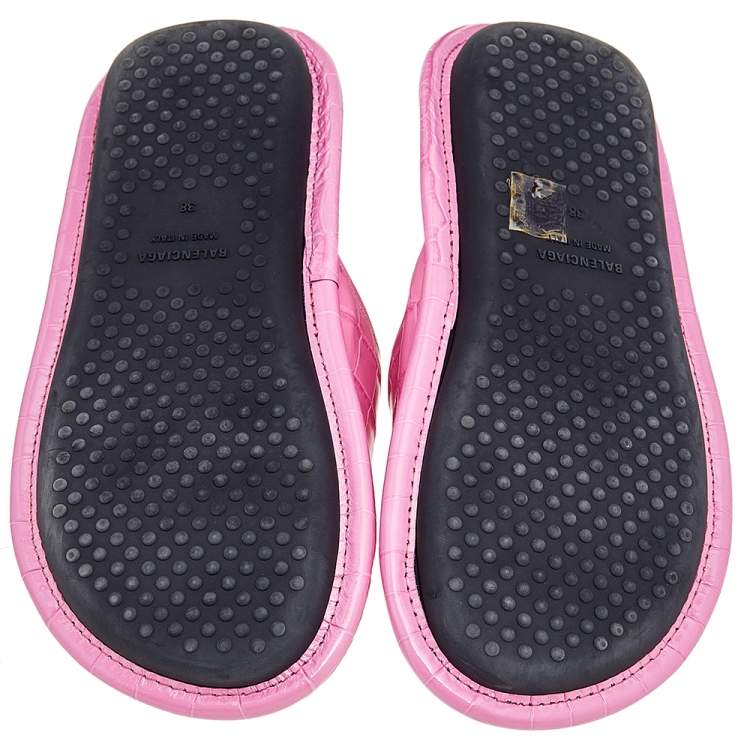 Pre Owned Balenciaga Pink Croc Embossed Leather Home Slide Sandals Size 38