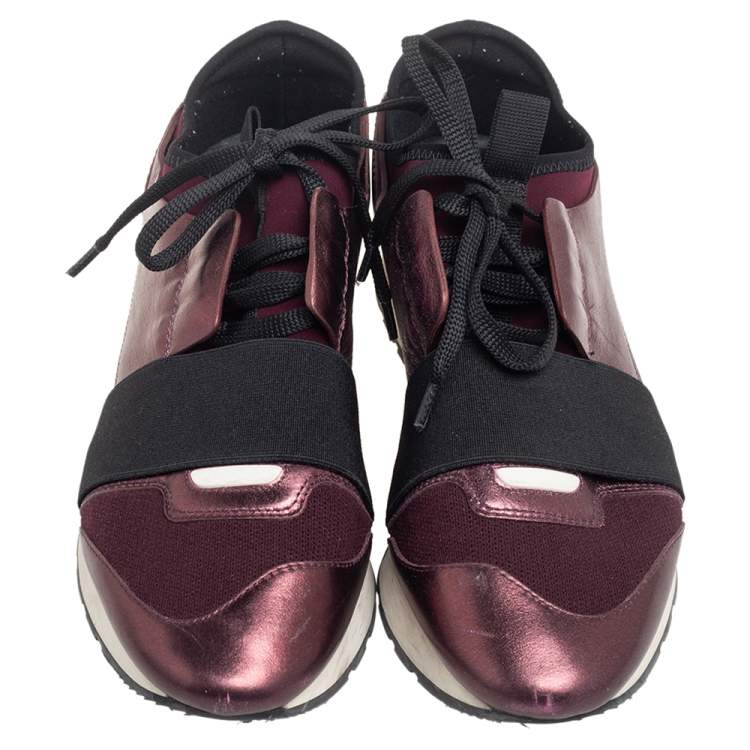 Pre Owned Balenciaga Metallic Bronze/Burgundy Leather And Fabric Race Runner Low Top Sneakers Size 37