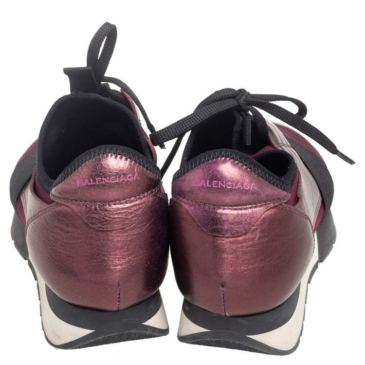 Pre Owned Balenciaga Metallic Bronze/Burgundy Leather And Fabric Race Runner Low Top Sneakers Size 37