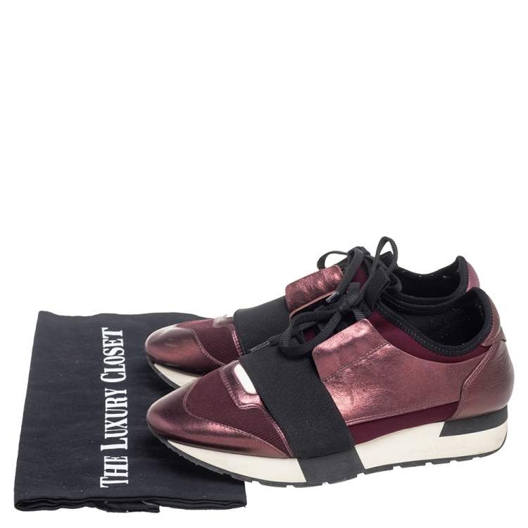 Pre Owned Balenciaga Metallic Bronze/Burgundy Leather And Fabric Race Runner Low Top Sneakers Size 37