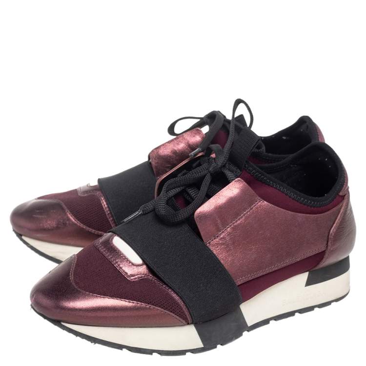 Pre Owned Balenciaga Metallic Bronze/Burgundy Leather And Fabric Race Runner Low Top Sneakers Size 37
