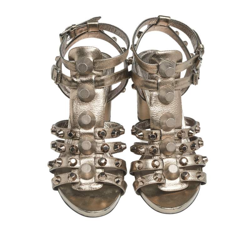 Pre Owned Balenciaga Metallic Bronze Leather Arena Studded Gladiator Sandals Size 38
