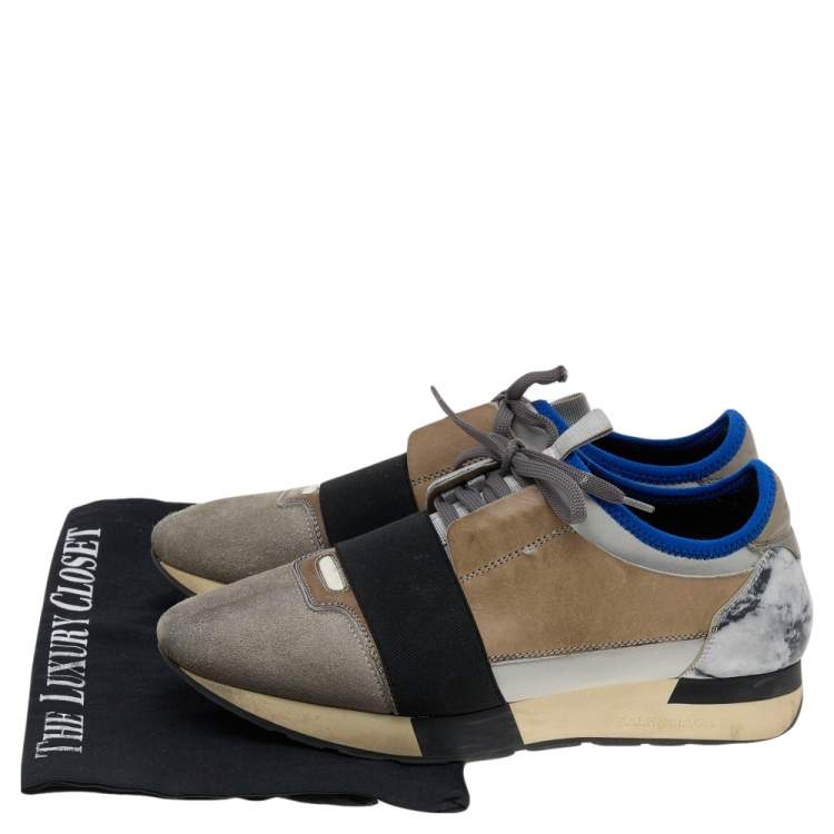 Pre Owned Balenciaga Grey Leather And Suede Race Runner Low Top Sneakers Size 39