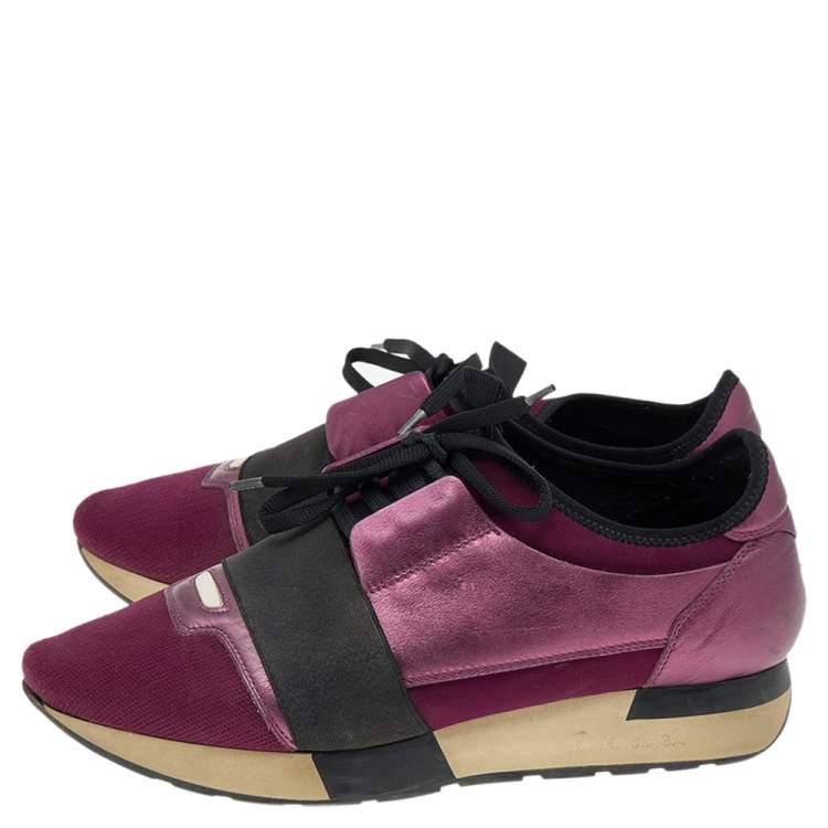 Pre Owned Balenciaga Purple/Black Neoprene And Leather Race Runner Sneakers Size 39